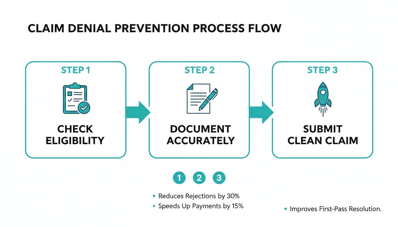 Claim Denial Prevention Process Flow outlining steps: Check Eligibility, Document Accurately, and Submit Clean Claim.