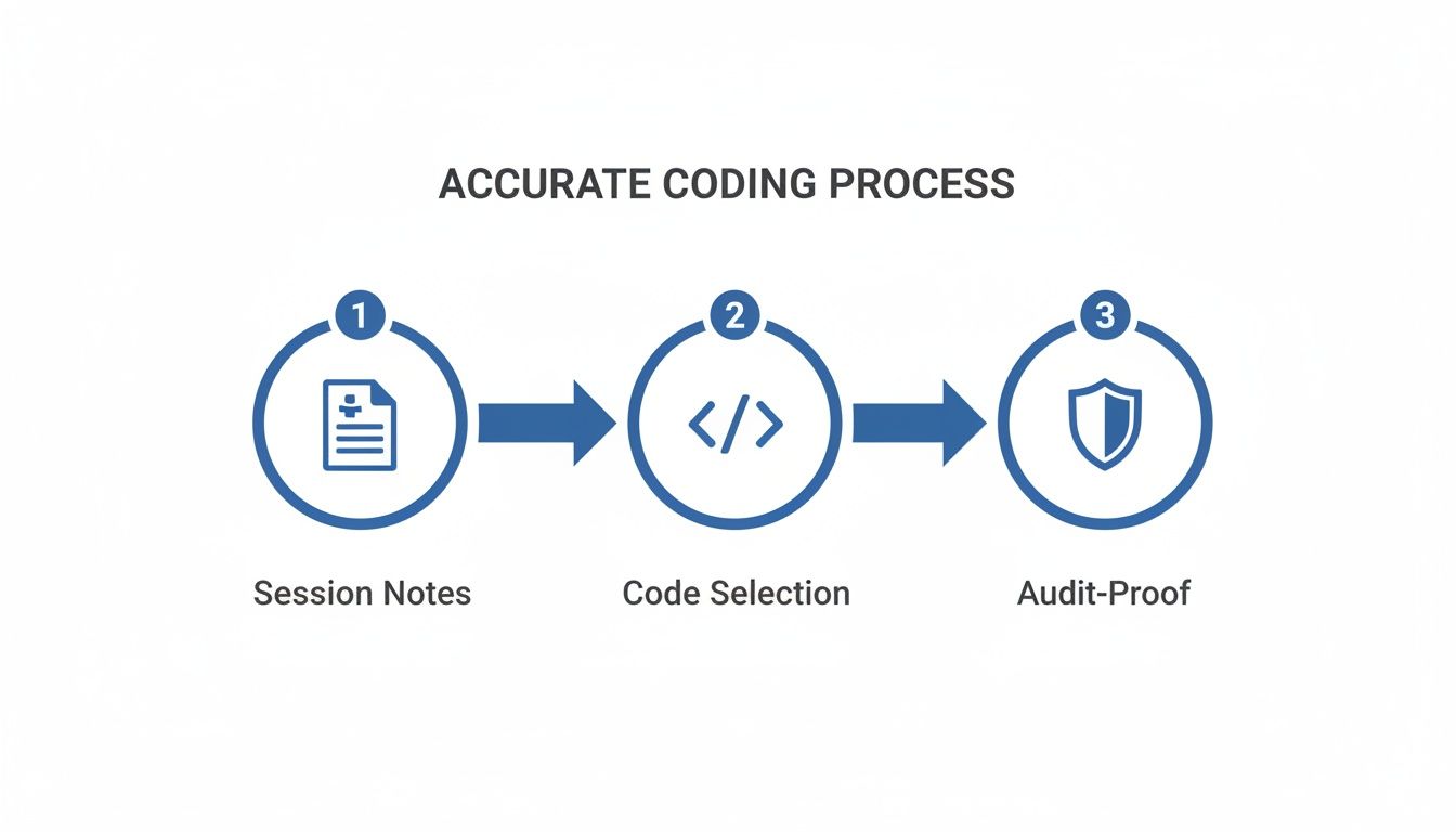 A three-step process for accurate coding shows Session Notes, Code Selection, and Audit-Proof.