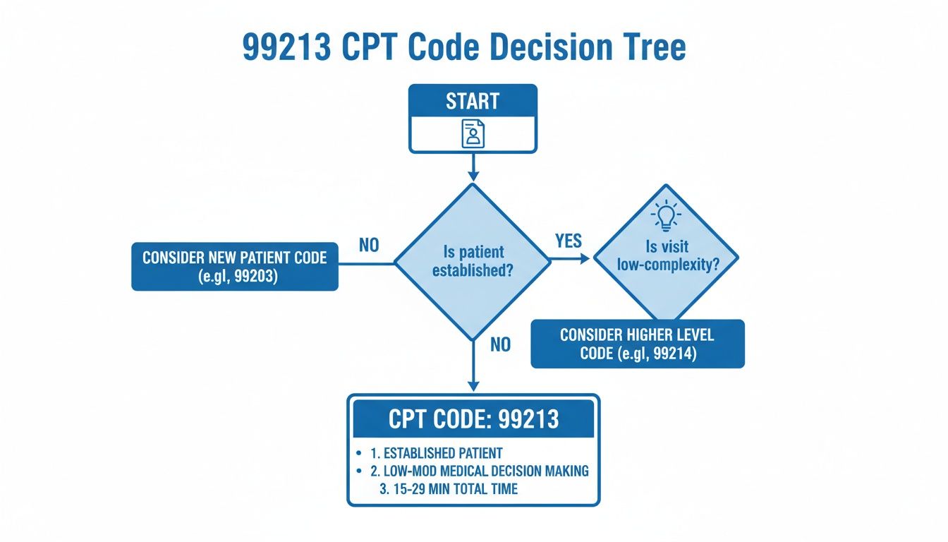Flowchart for determining the 99213 CPT code, based on patient established status and visit complexity.