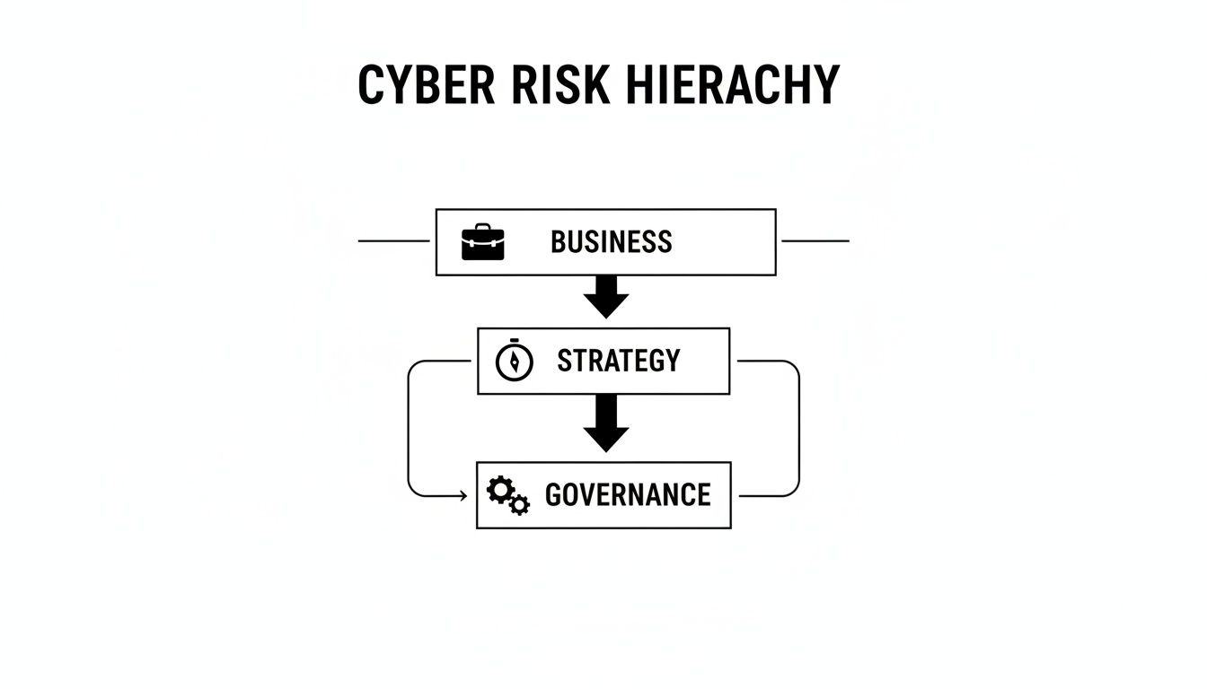A diagram illustrating the Cyber Risk Hierarchy with levels: Business, Strategy, and Governance, showing their flow and interaction.
