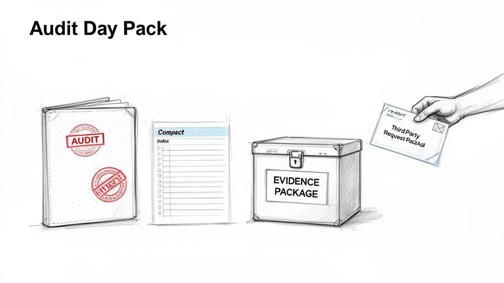 Illustrations depicting an audit day pack with audit documents, an index, an evidence package, and a third-party request.
