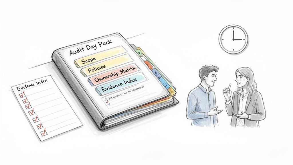 An 'Audit Day Pack' binder, an evidence checklist, and two professionals discussing next to a clock, symbolizing an audit.