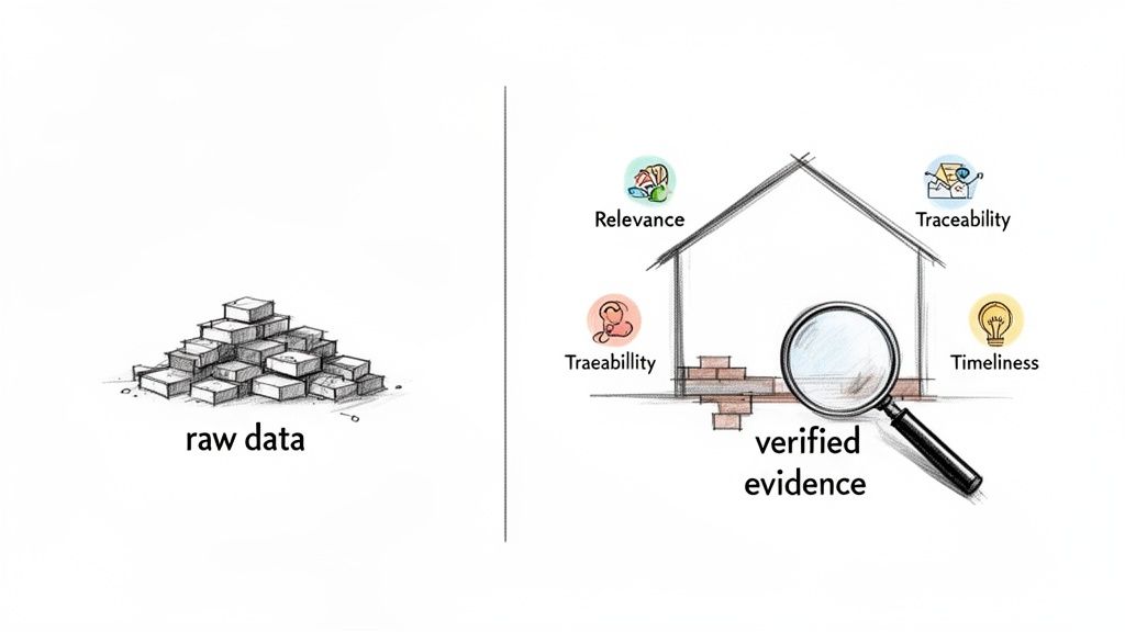 Image contrasting raw data with verified evidence, highlighting its relevance, traceability, traeabillity, and timeliness.