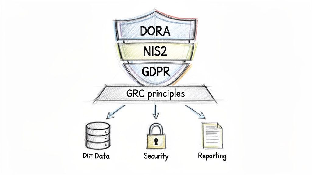 Diagram illustrating how DORA, NIS2, and GDPR regulations rely on GRC principles for data, security, and reporting.