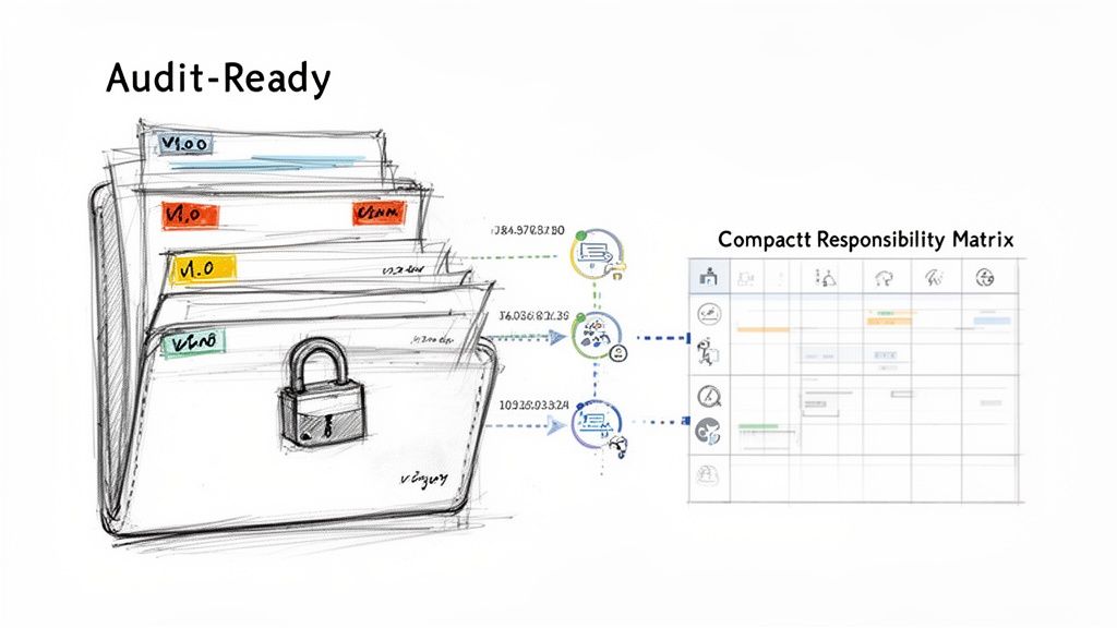 Sketch of audit-ready documents, securely locked, linked to a responsibility matrix for compliance.