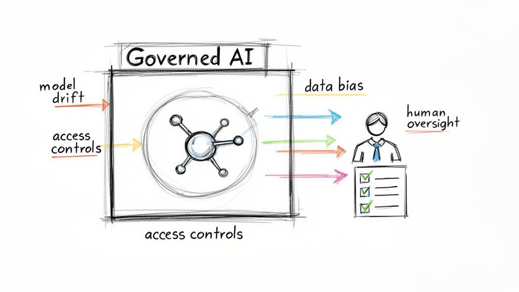 A diagram illustrates Governed AI, showcasing inputs like model drift and access controls, with outputs like data bias leading to human oversight.