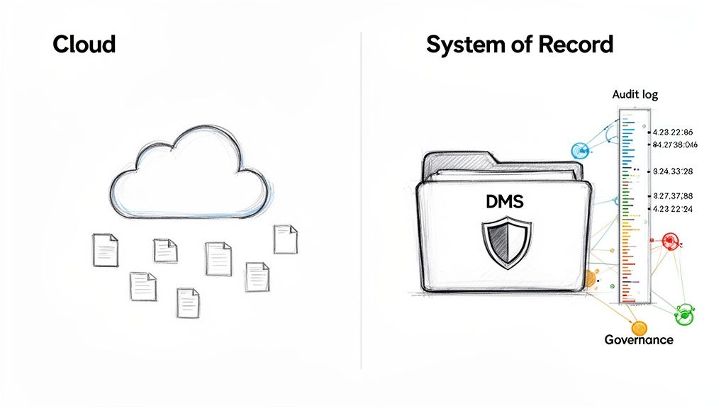 A visual comparison of cloud document storage versus a secure Document Management System (DMS) with audit log and governance features.