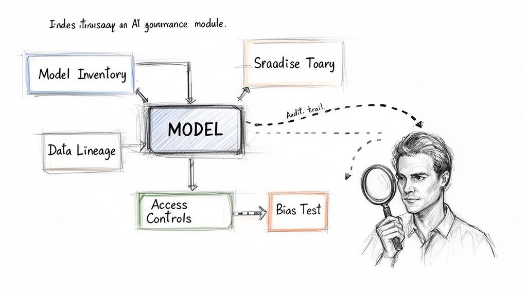 An AI governance module diagram showing model inventory, data lineage, access controls, bias testing, and audit trails.