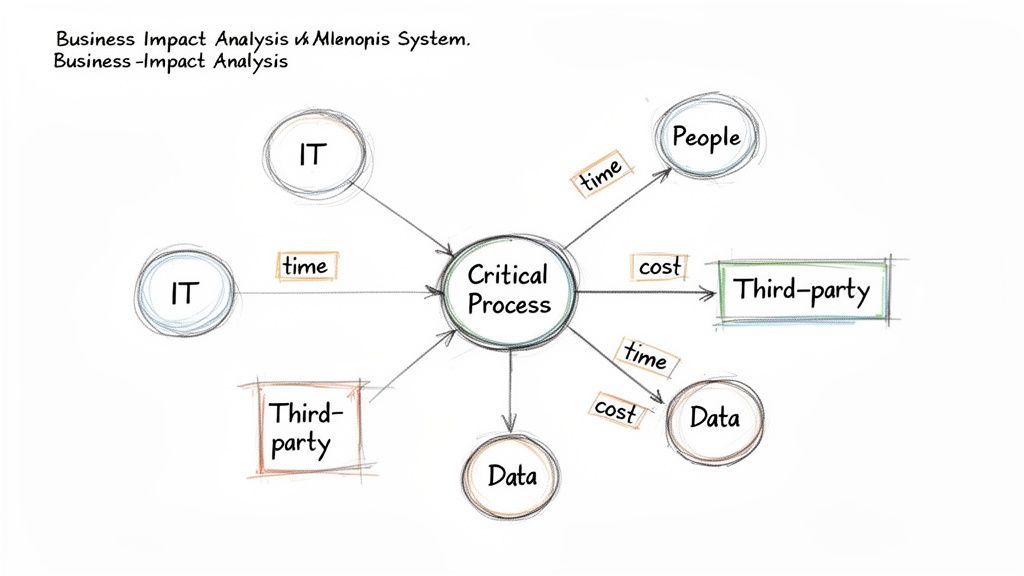 Diagramma che visualizza l'analisi dell'impatto sul business di un processo critico, mostrando dipendenze IT, persone, terze parti e dati.