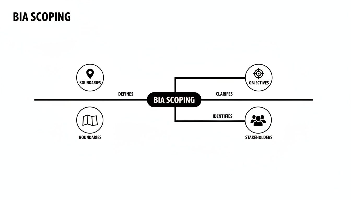 Diagramma che illustra il dimensionamento della BIA, definendo confini, chiarendo obiettivi e identificando gli stakeholder per l'analisi dell'impatto sul business.