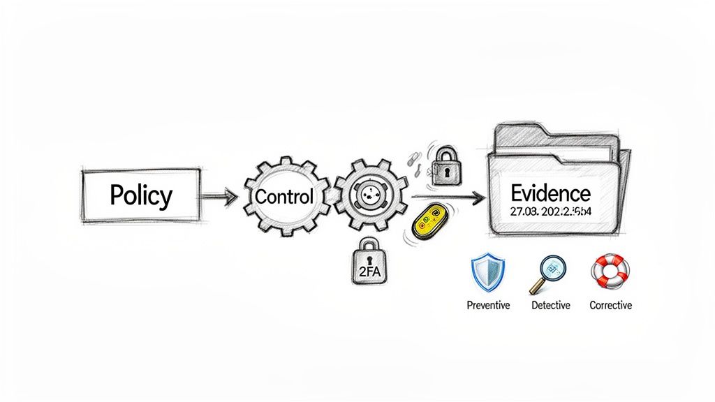 Diagram showing the policy to control to evidence workflow with preventive, detective, and corrective security measures.