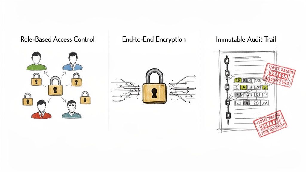 Three security concepts: Role-Based Access Control, End-to-End Encryption, and Immutable Audit Trail, illustrated with icons.