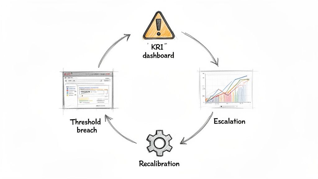A diagram illustrating the KRI management cycle: dashboard, escalation, recalibration, and threshold breach.
