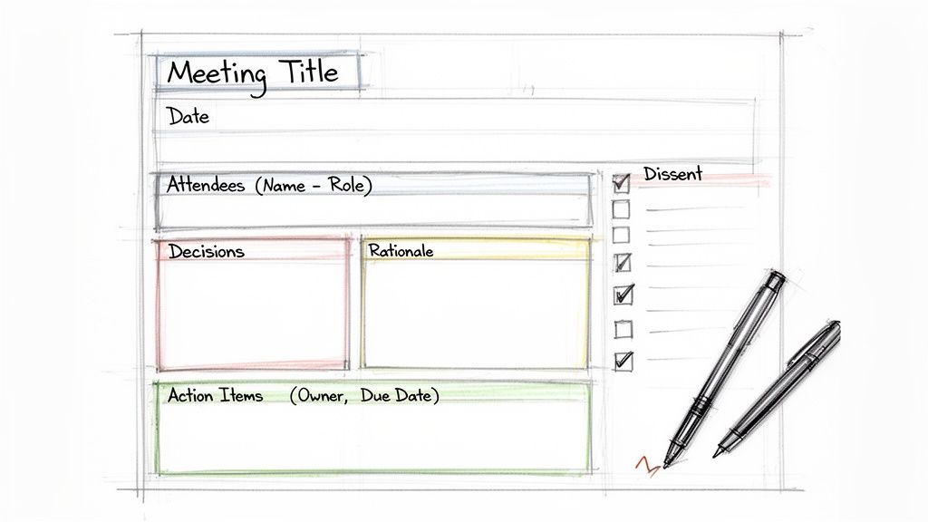Sketch of a meeting minutes template, showing sections for title, date, attendees, decisions, rationale, action items, and dissent.