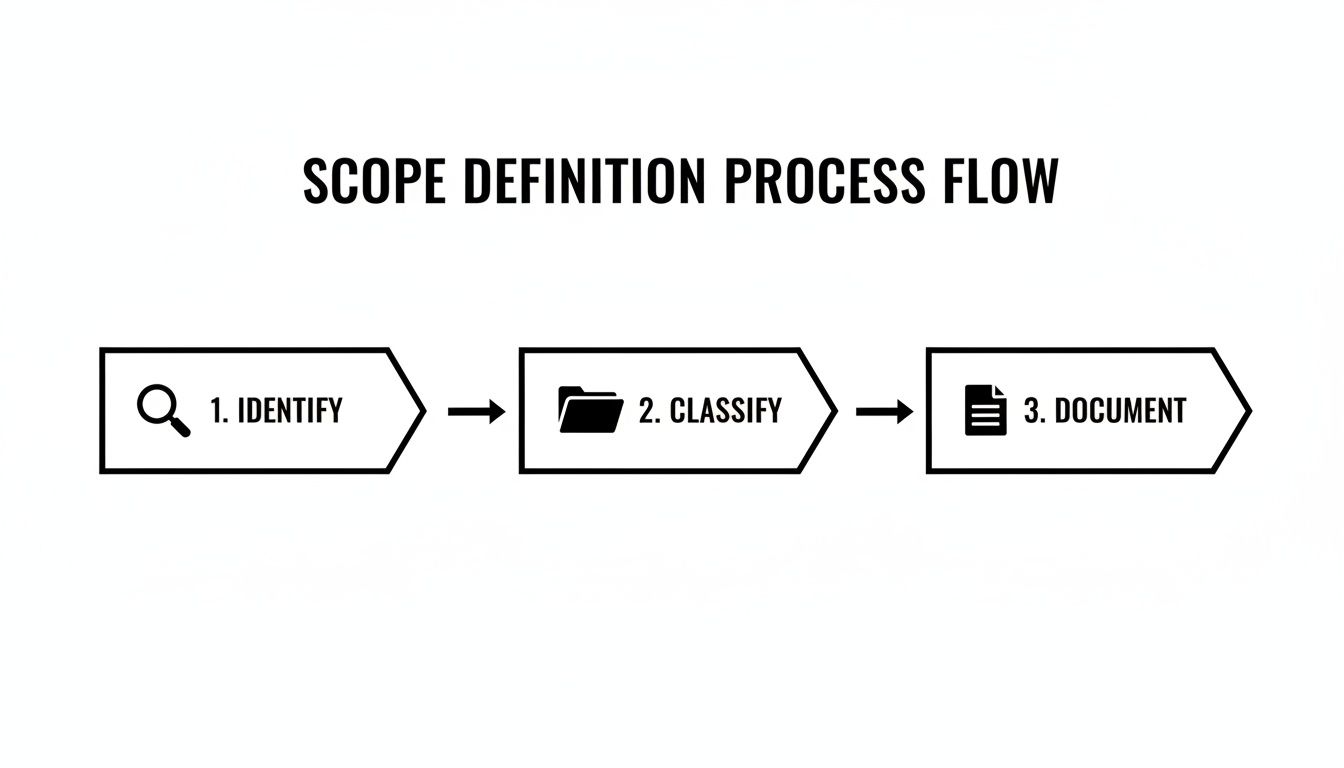 A clear infographic illustrating a three-step scope definition process flow: identify, classify, and document.