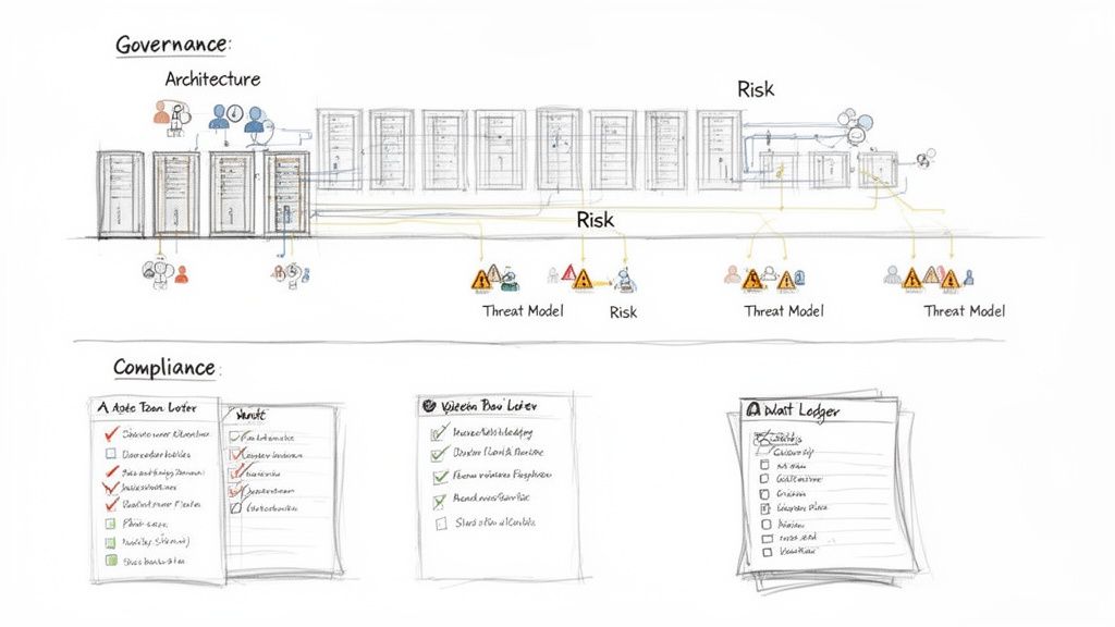 A comprehensive diagram illustrating IT governance, architecture, risk management, and compliance integration with checklists.