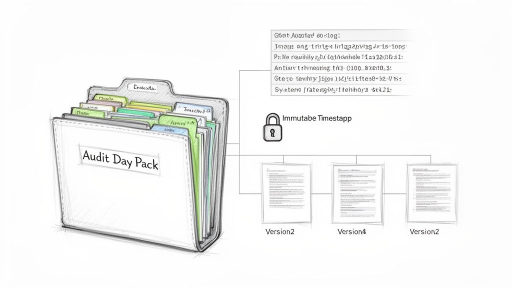 An 'Audit Day Pack' folder shows documents linked to an immutable timestamp and multiple file versions.
