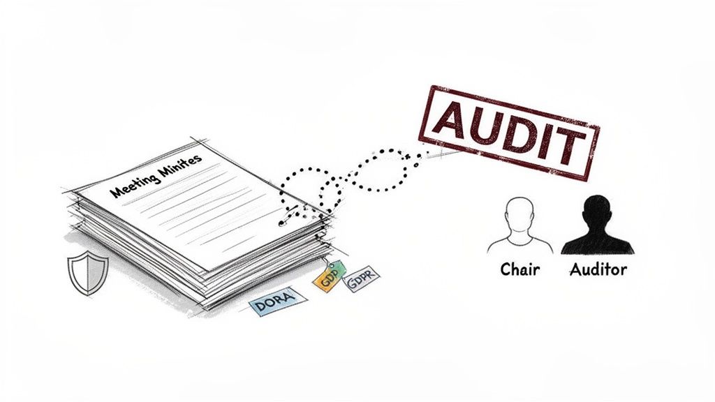 Meeting minutes documents secured by a shield, tagged with DORA, GDP, GDPR, and subject to audit by a chair and auditor.