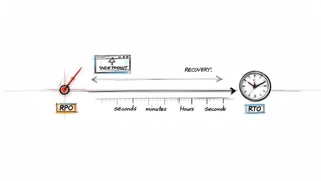 Un diagramma che illustra una linea temporale per il recupero, mostrando RPO (Recovery Point Objective) e RTO (Recovery Time Objective).