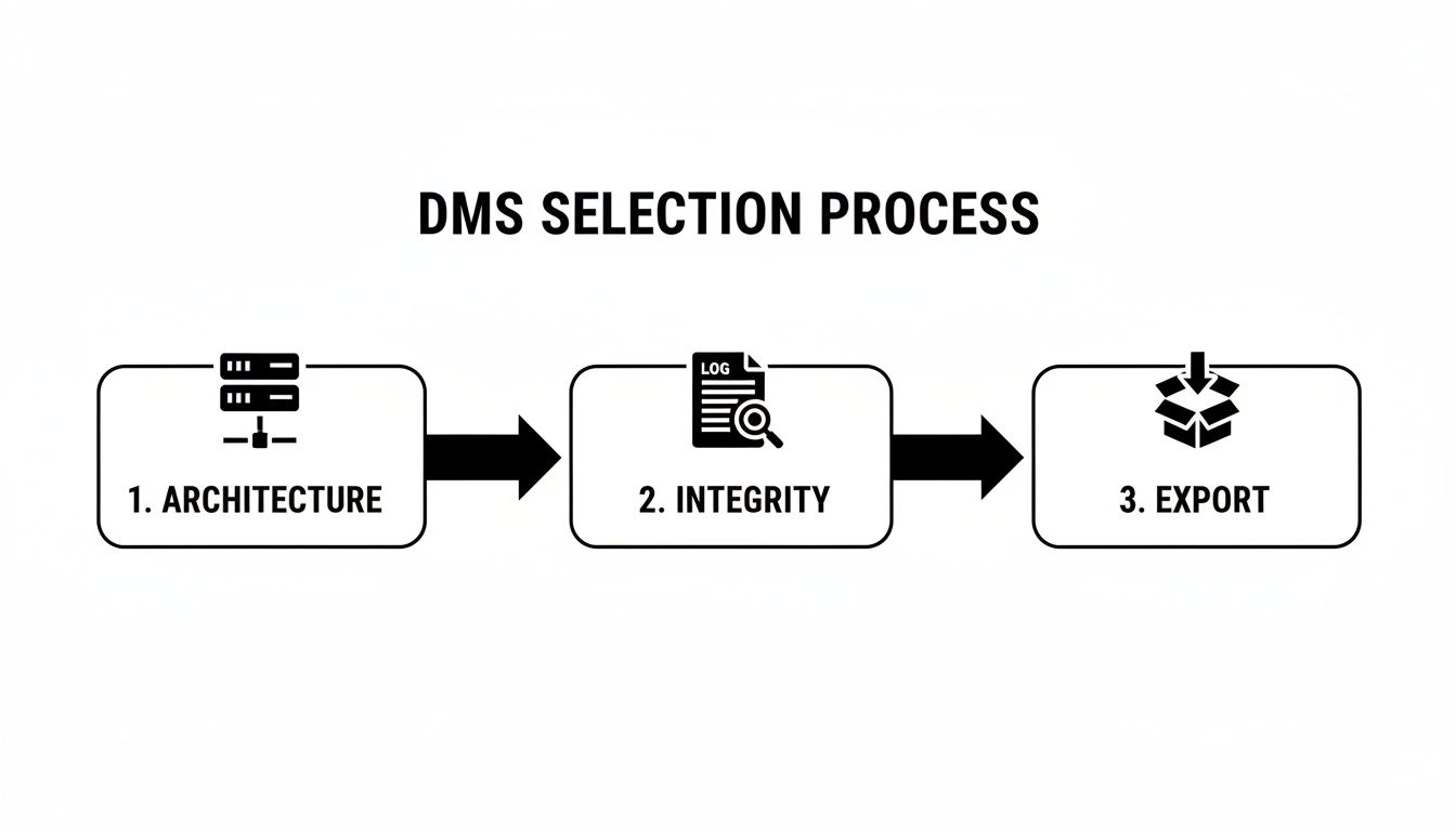Flowchart illustrating the three-step DMS selection process: architecture, integrity, and export.