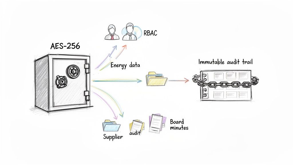 A diagram showing data security processes including AES-256 encryption, RBAC access, and an immutable audit trail for various documents.
