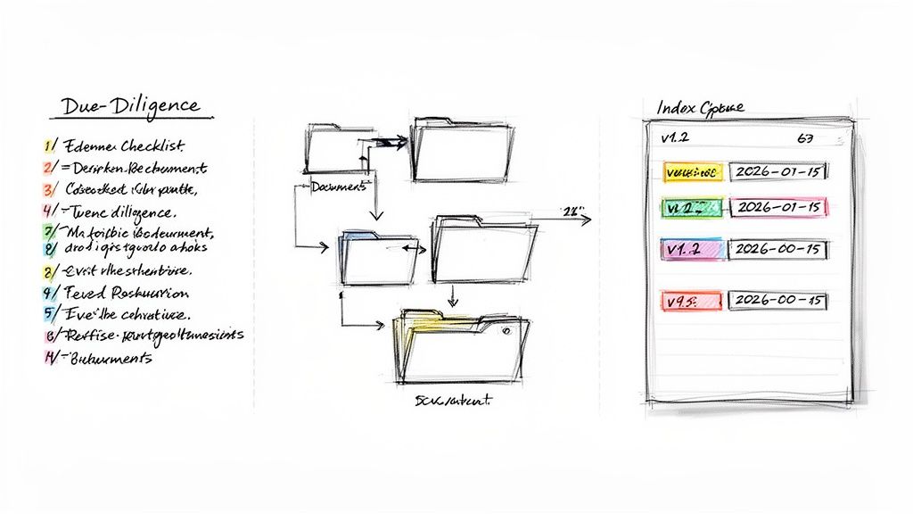 Hand-drawn sketch illustrating a due diligence process with a checklist, document flow, and an index queue.