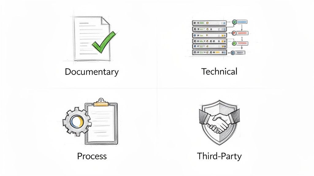 Visual representation of four types of audit evidence: documentary, technical, process, and third-party.