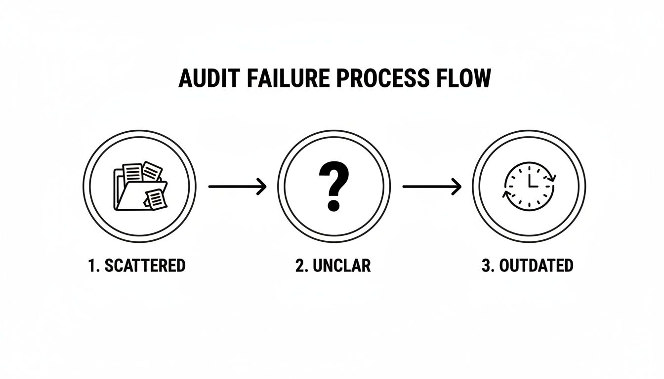 A flow chart illustrating three reasons for audit failure: scattered, unclear, and outdated information.