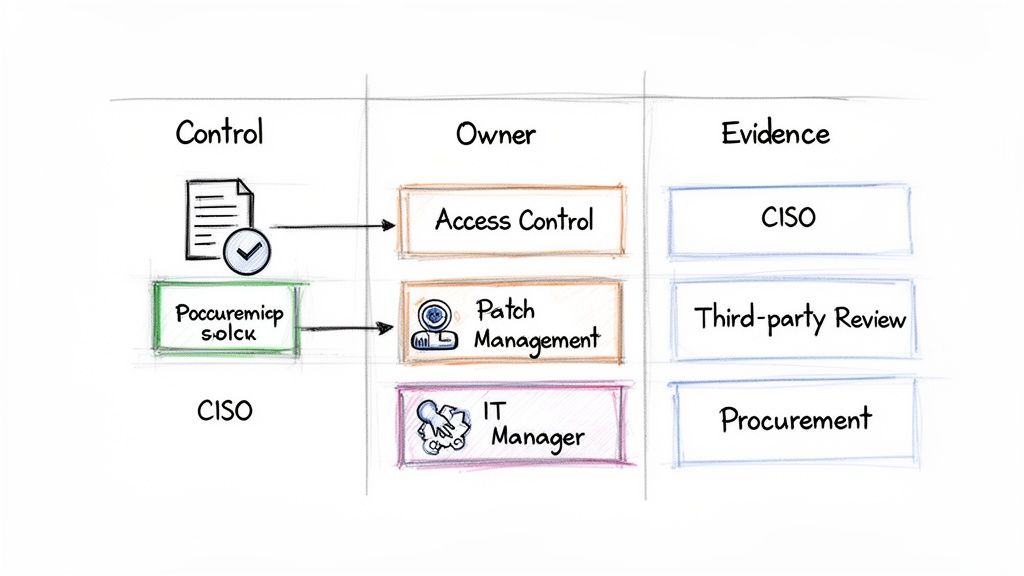 A hand-drawn diagram illustrating the mapping of controls to owners and associated evidence for IT security.