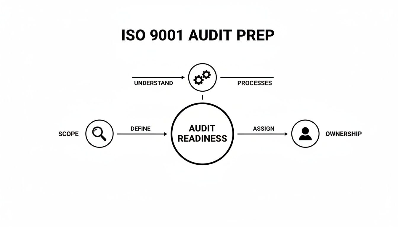Flowchart illustrating ISO 9001 audit preparation steps: defining scope, understanding processes, and assigning ownership for audit readiness.