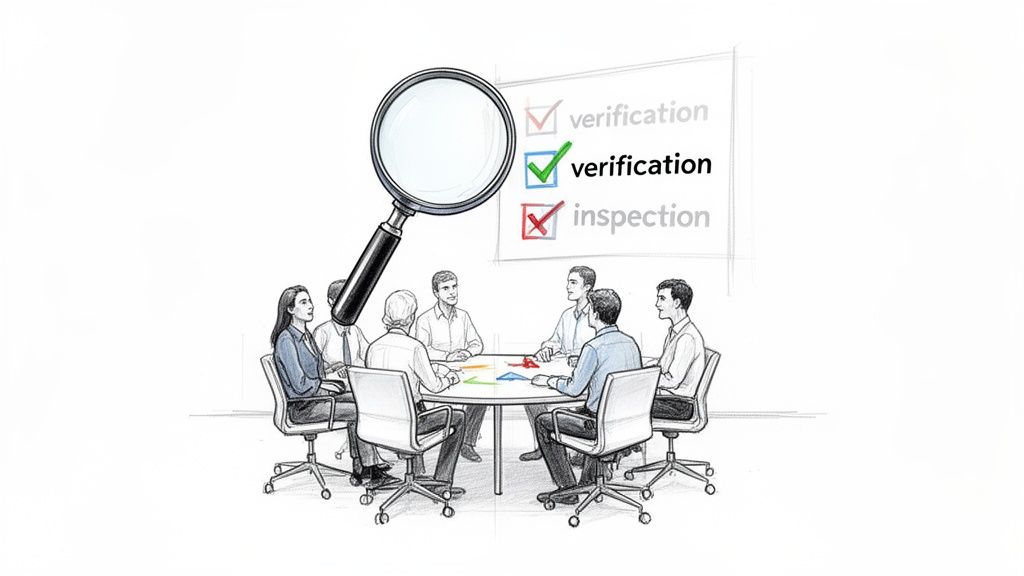 A business team meets, with a magnifying glass highlighting 'verification' on a checklist.