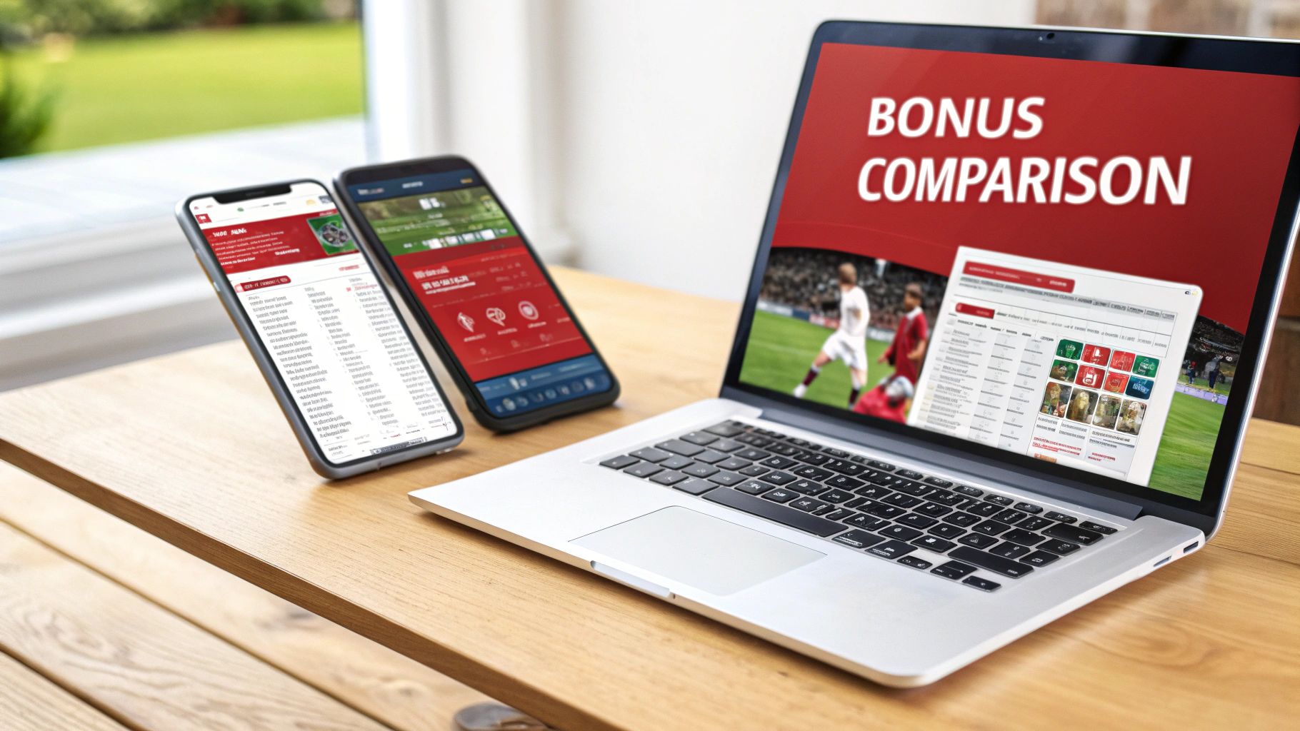 MyBookie vs Bovada: A Deep Dive Into Offshore Betting Giants 2 A laptop and two smartphones on a wooden table displaying bonus comparisons for sports betting and online gaming.