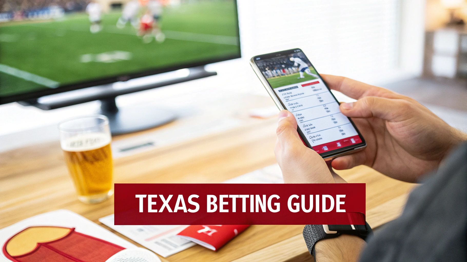 A person uses a sports betting app on a smartphone, watching football on TV, with a beer nearby.