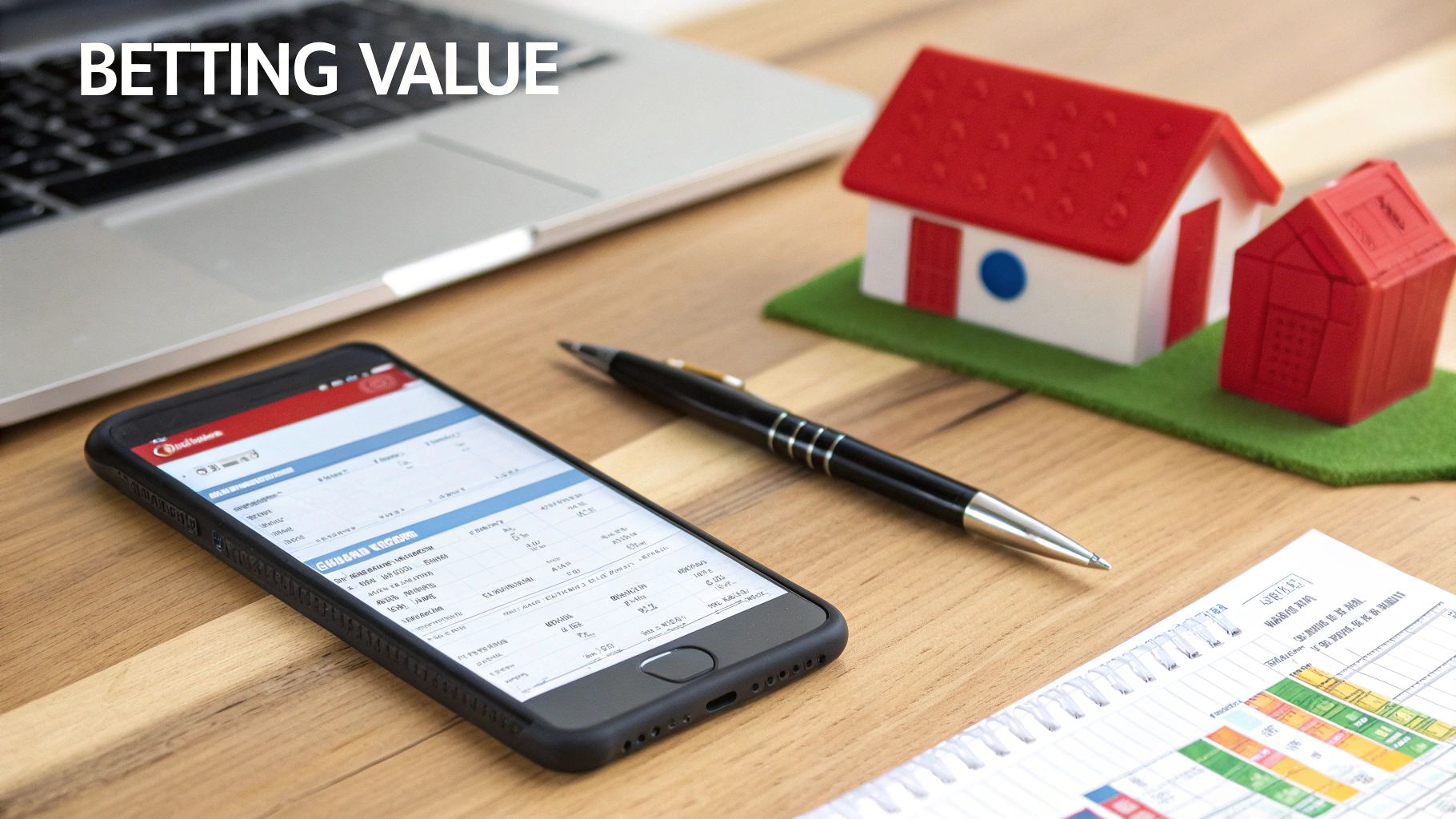 Smartphone showing data, laptop, pen, and miniature houses on a desk, with 'BETTING VALUE' text.