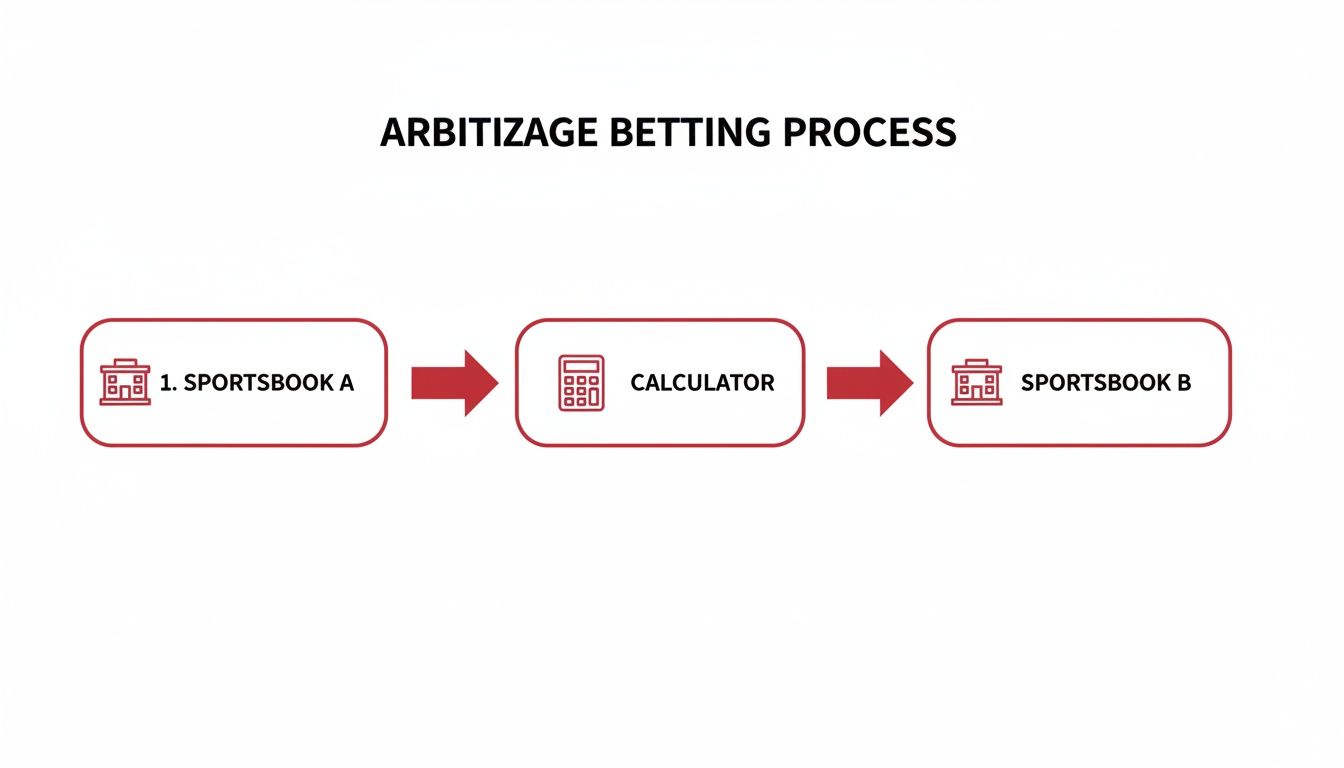 Your Guide to Using an Arb Betting Calculator for Profit 1 Flowchart illustrating the arbitrage betting process, moving from Sportsbook A, through a calculator, to Sportsbook B.