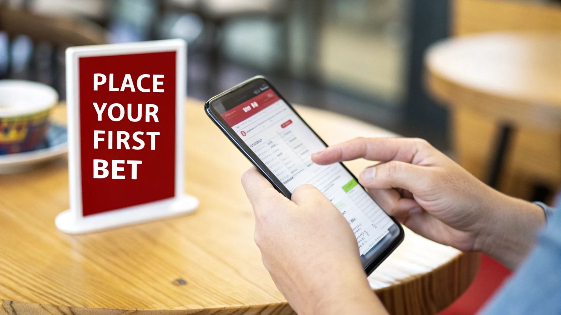 Person using smartphone to place first sports bet on mobile betting app in Louisiana