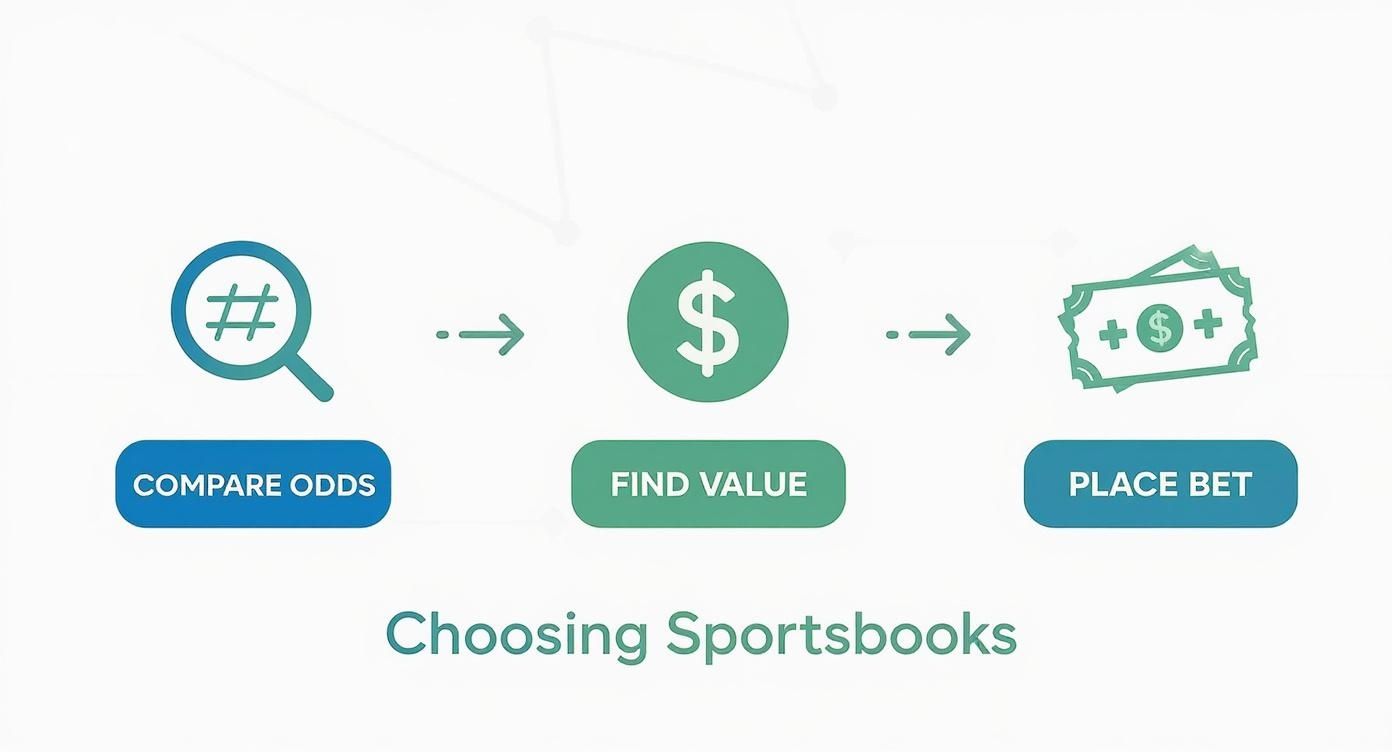 A diagram showing three steps for choosing sportsbooks: compare odds, find value, place bet.