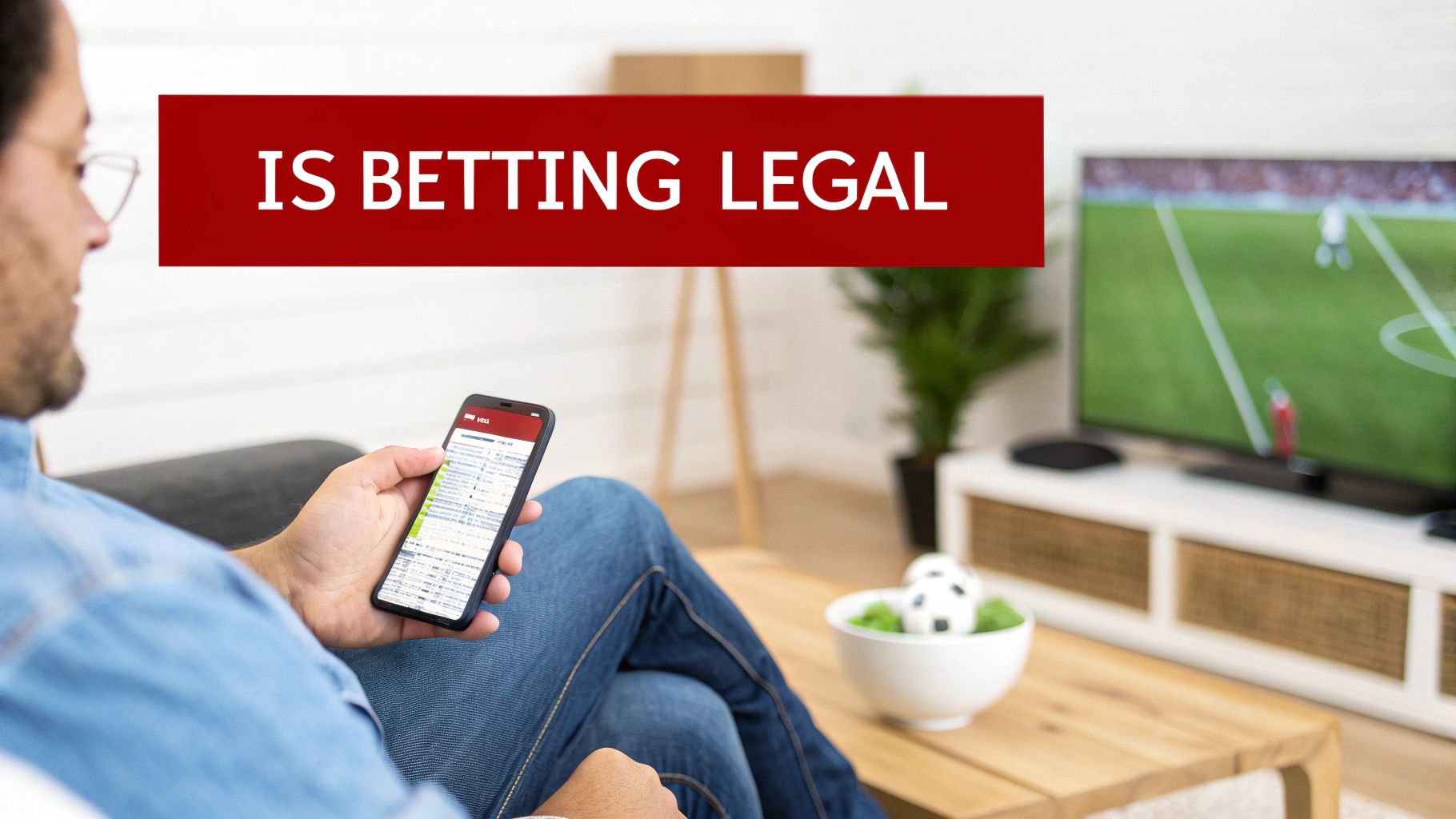 Person uses a mobile betting app while watching a soccer game on TV, banner asks 'Is Betting Legal?'