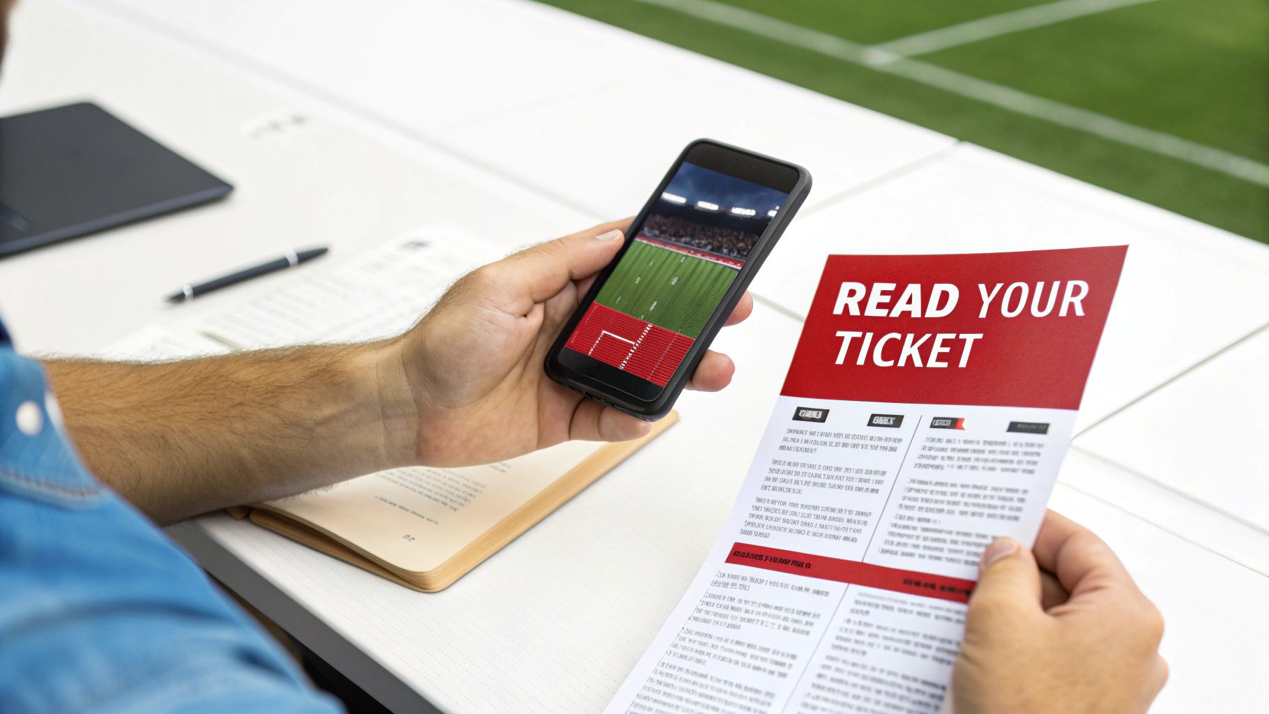 A person holds a smartphone displaying a football field and a 'READ YOUR TICKET' document.