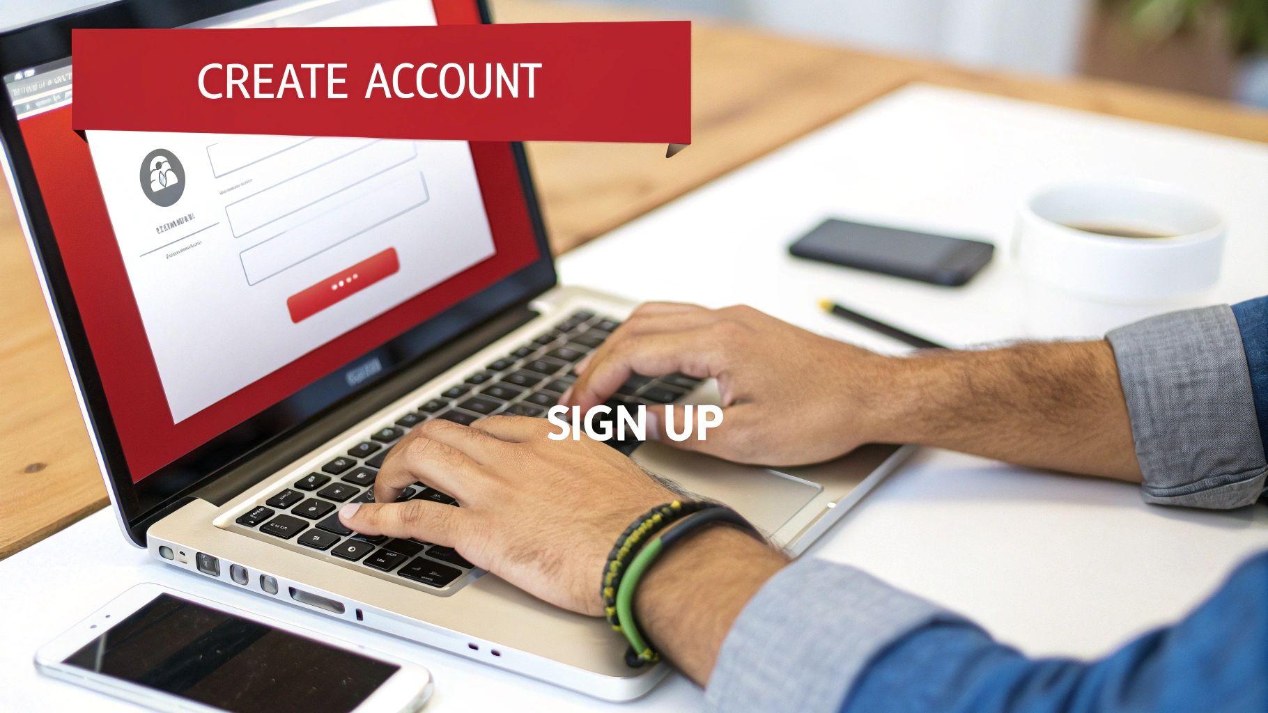 Wisconsin Sports Betting Your Ultimate Offshore Guide 3 Person creating an account on a laptop with a 'SIGN UP' overlay, emphasizing online registration.