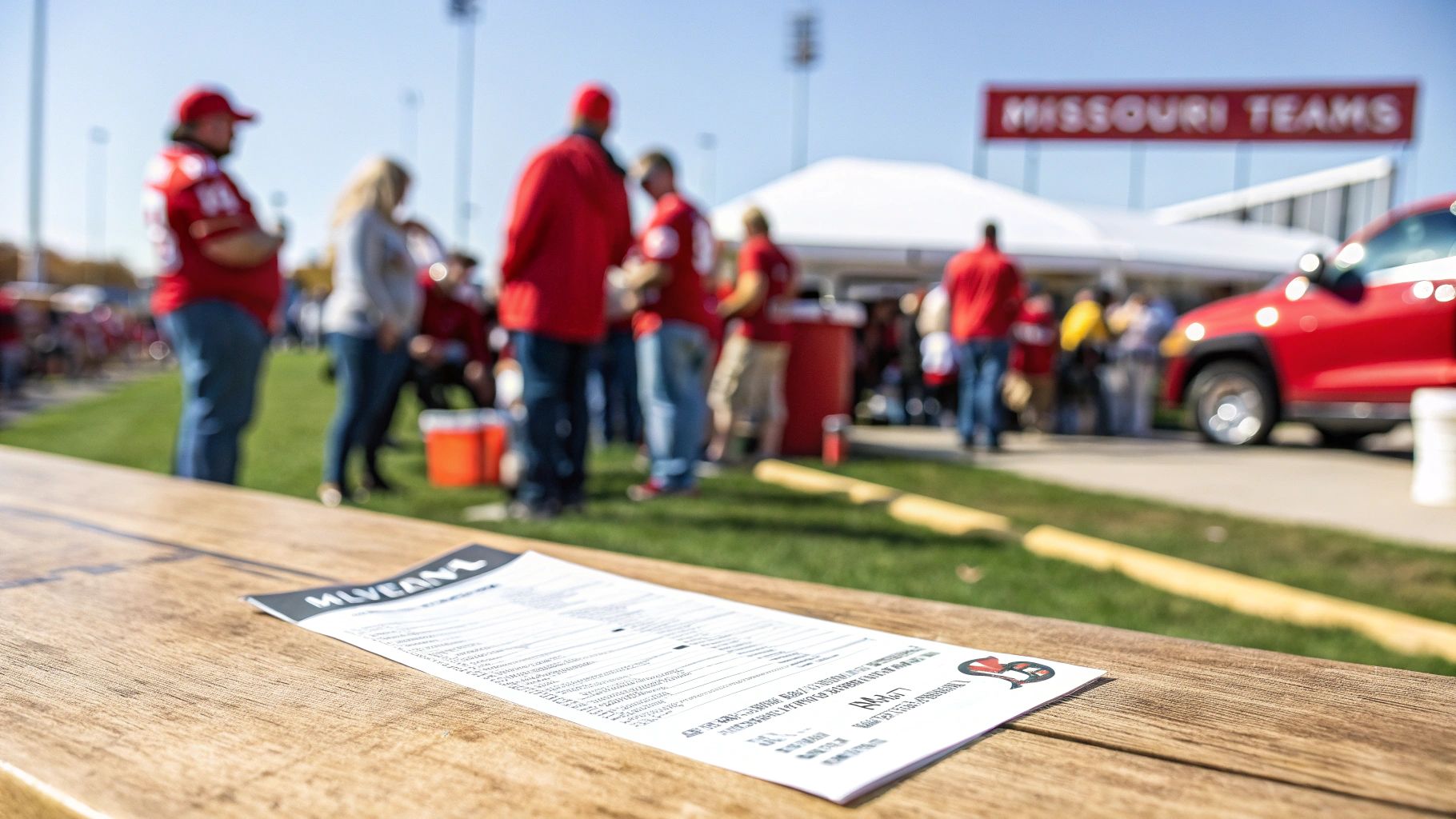 Foreground paper on a wooden table, with blurred crowd, 'MISSOURI TEAMS' sign, and red car.