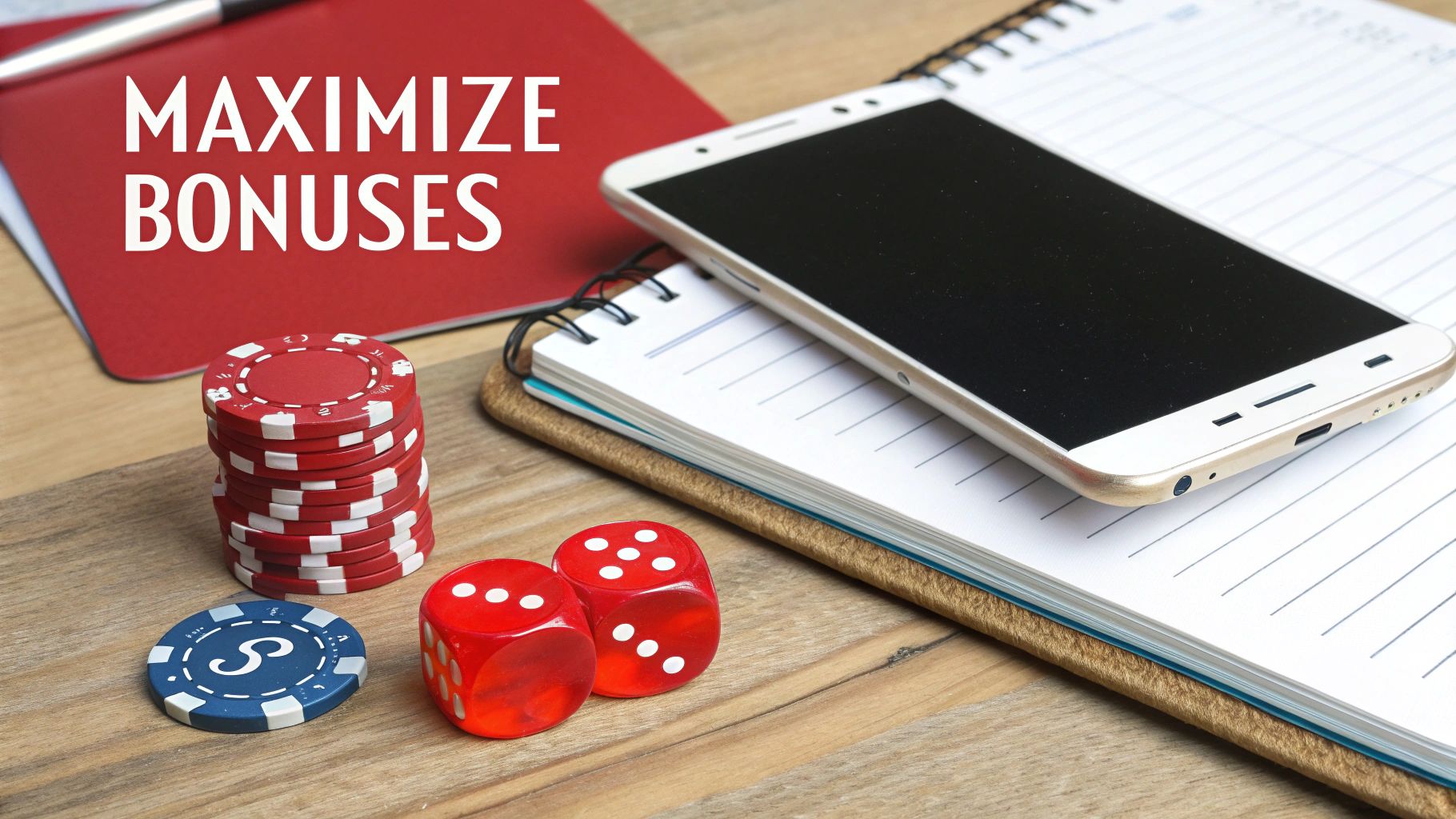Mobile phone with casino chips and dice on desk to maximize sports betting bonuses