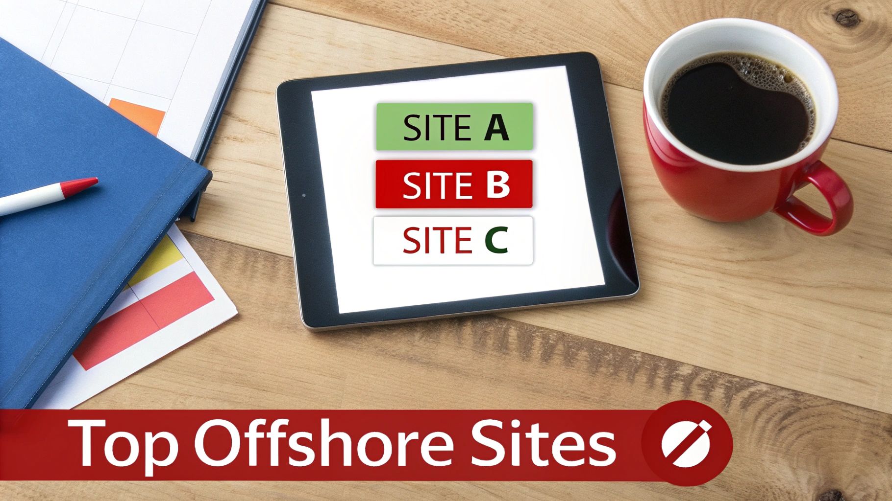 Is Sports Betting Legal in California? The Definitive Guide 3 Tablet displaying 'SITE A, SITE B, SITE C' on a wooden desk next to a coffee cup and a 'Top Offshore Sites' banner.