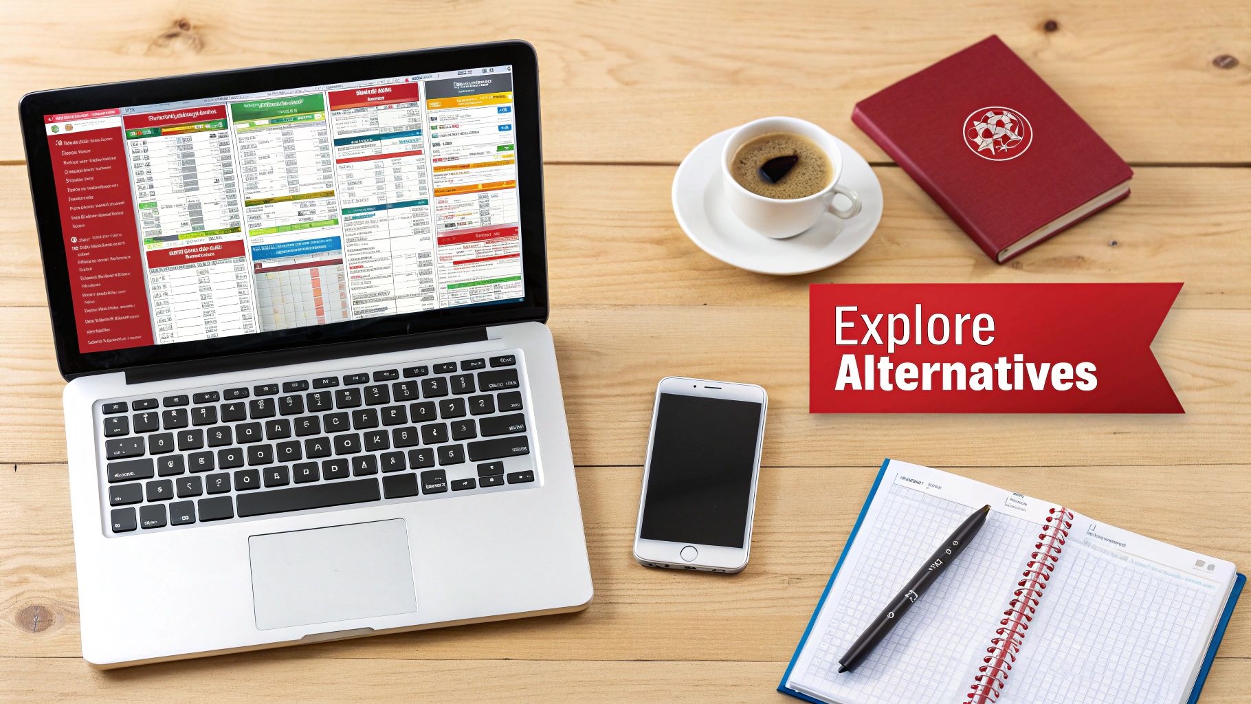 MyBookie or BetUS? Choosing the Best Offshore Sportsbook 1 A flat lay of a modern workspace with a laptop, smartphone, coffee, notebook, and a red banner saying 'Explore Alternatives'.
