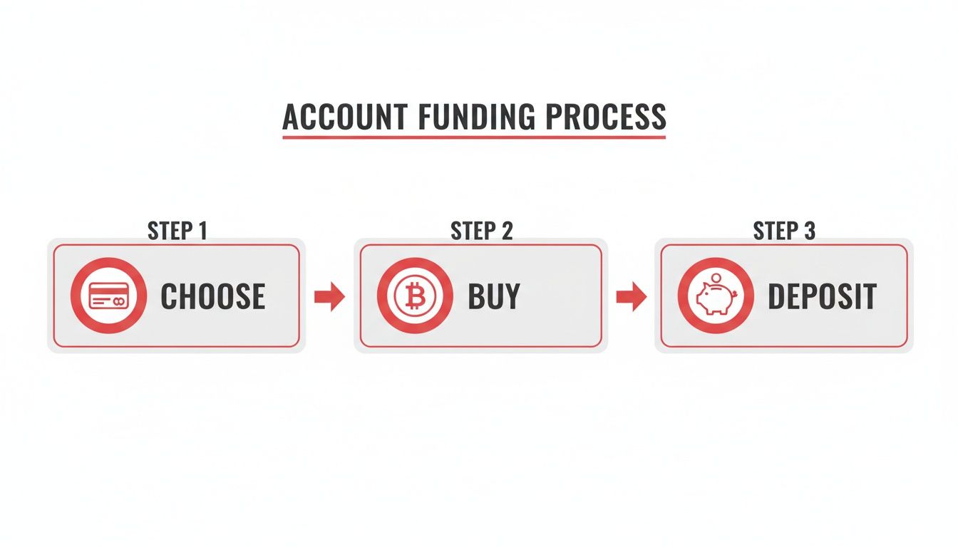 An infographic illustrating the three-step account funding process: Choose payment, Buy Bitcoin, and Deposit.