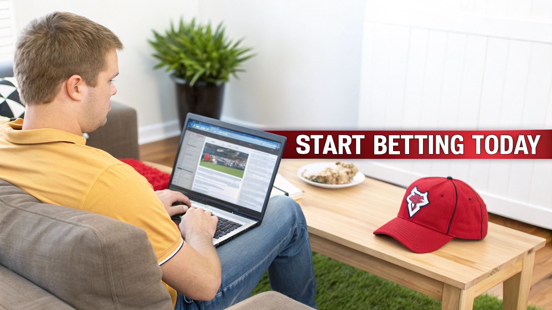 Missouri Sports Gambling Explained 1 A man on a couch uses a laptop to engage in sports betting, with a red cap on the table.