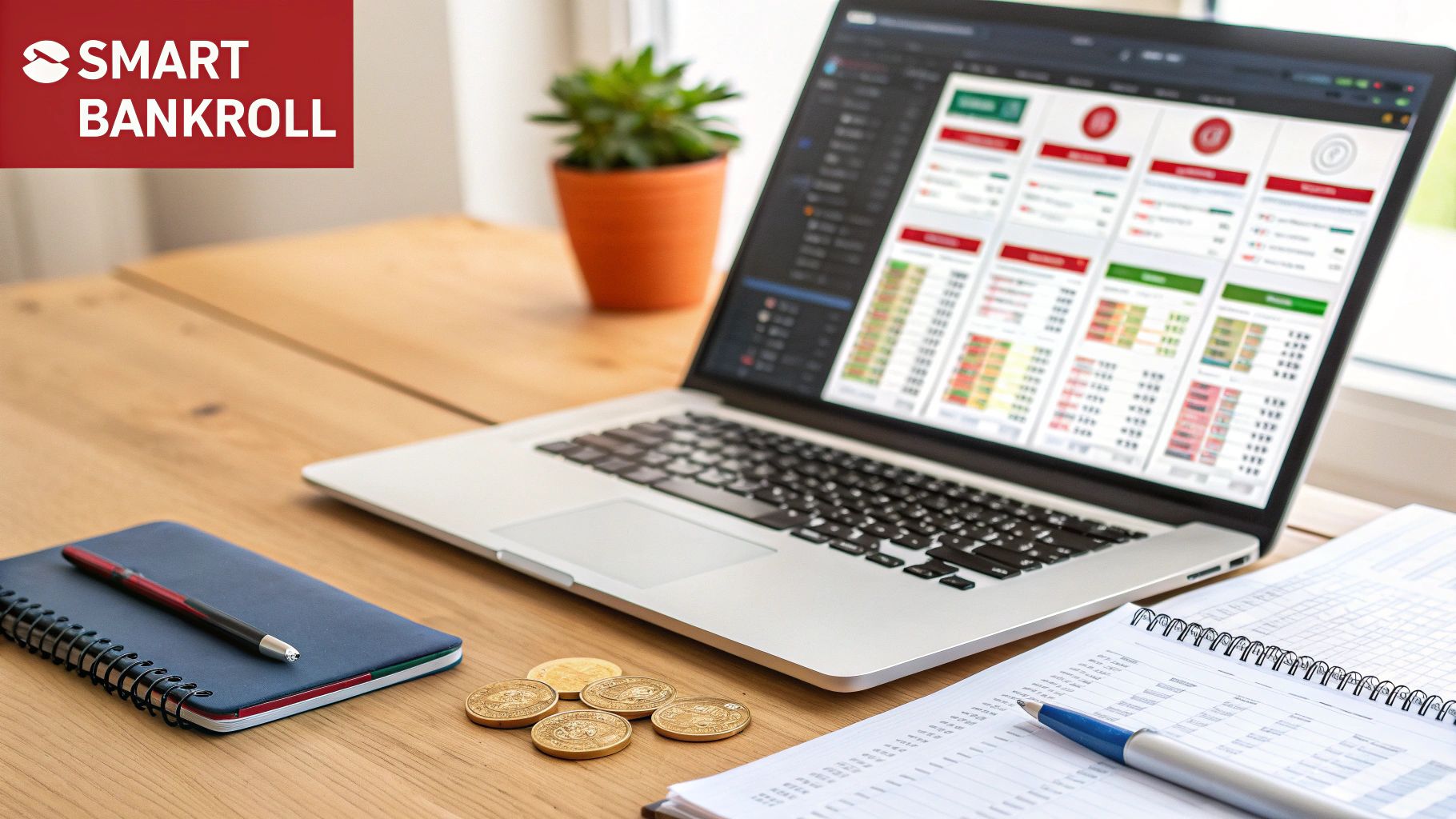 Your Guide to Using an Arb Betting Calculator for Profit 3 A laptop displaying a 'Smart Bankroll' betting calculator interface with data grids, alongside coins and notebooks on a wooden desk.