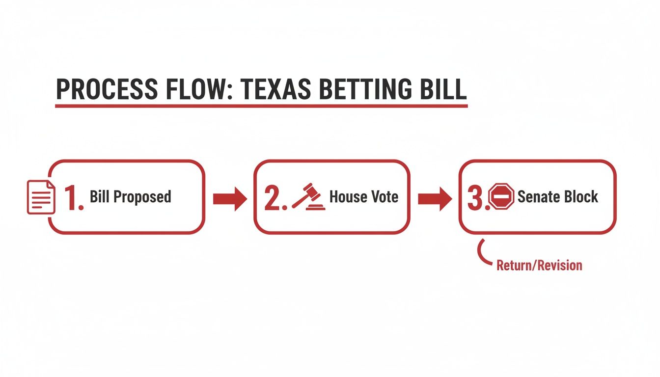 Is Online Sports Betting Legal in Texas A Bettor's Guide 3 Process flow showing the Texas Betting Bill stages: proposed, house vote, senate block, and revision.