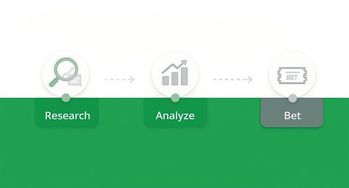 A three-step process diagram showing research, analyze, and bet for a betting strategy.