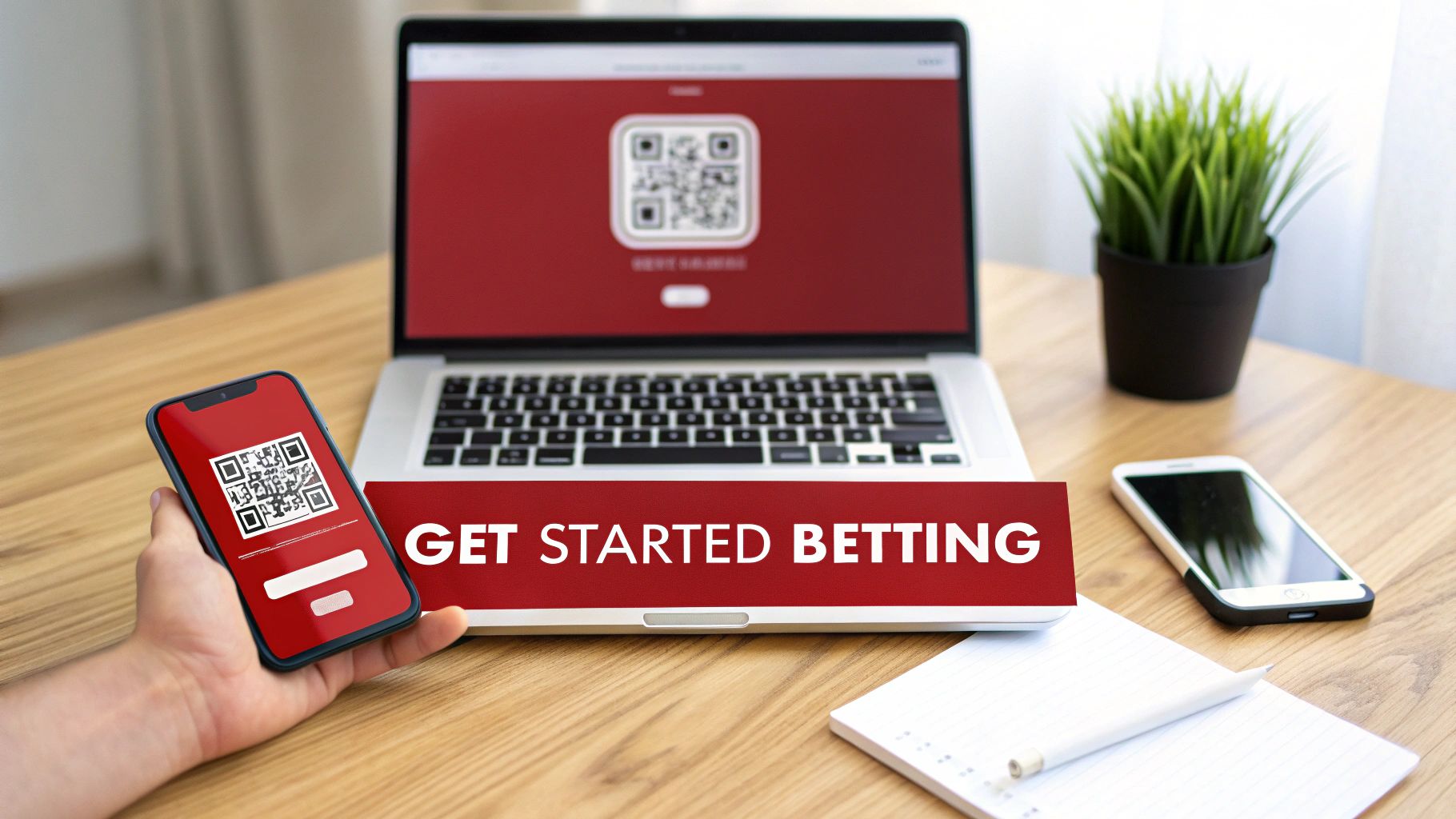 A hand holds a smartphone displaying a QR code, with a laptop showing a QR code and 'GET STARTED BETTING' text.